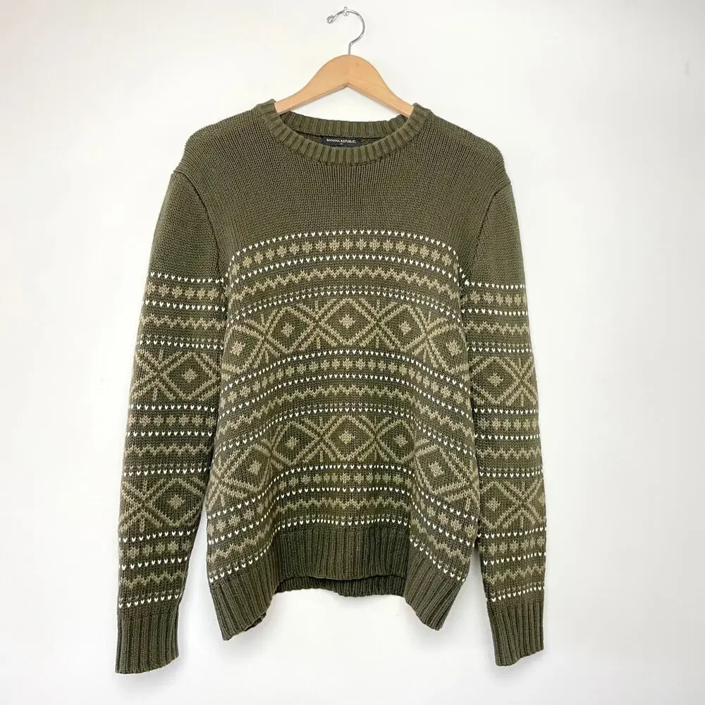 Banana Republic Fair‎ Isle Heritage Cottagecore Forest Green Grandpa Sweater L